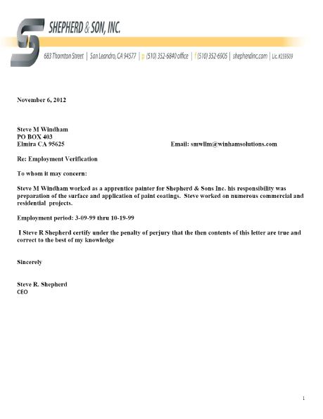 Shepherd & Sons, Inc. Experience Verification Letter