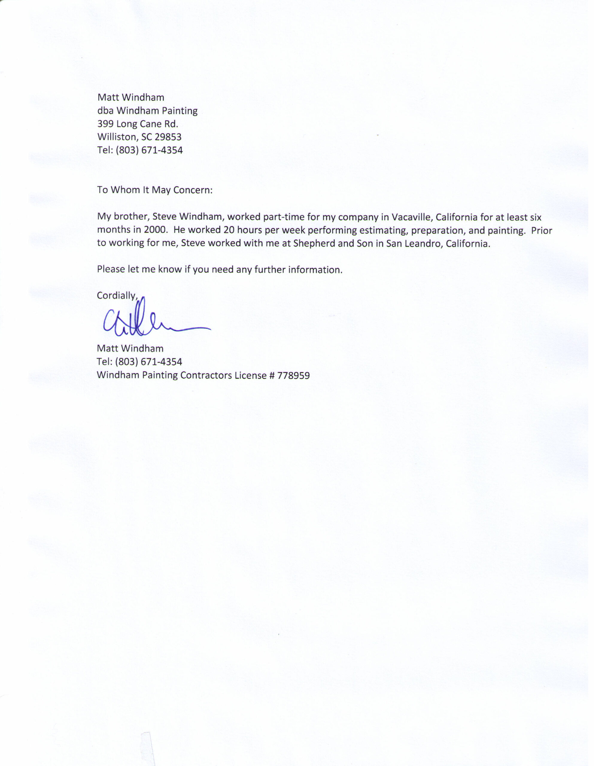 Windham Painting Employment Letter 11-25-2012